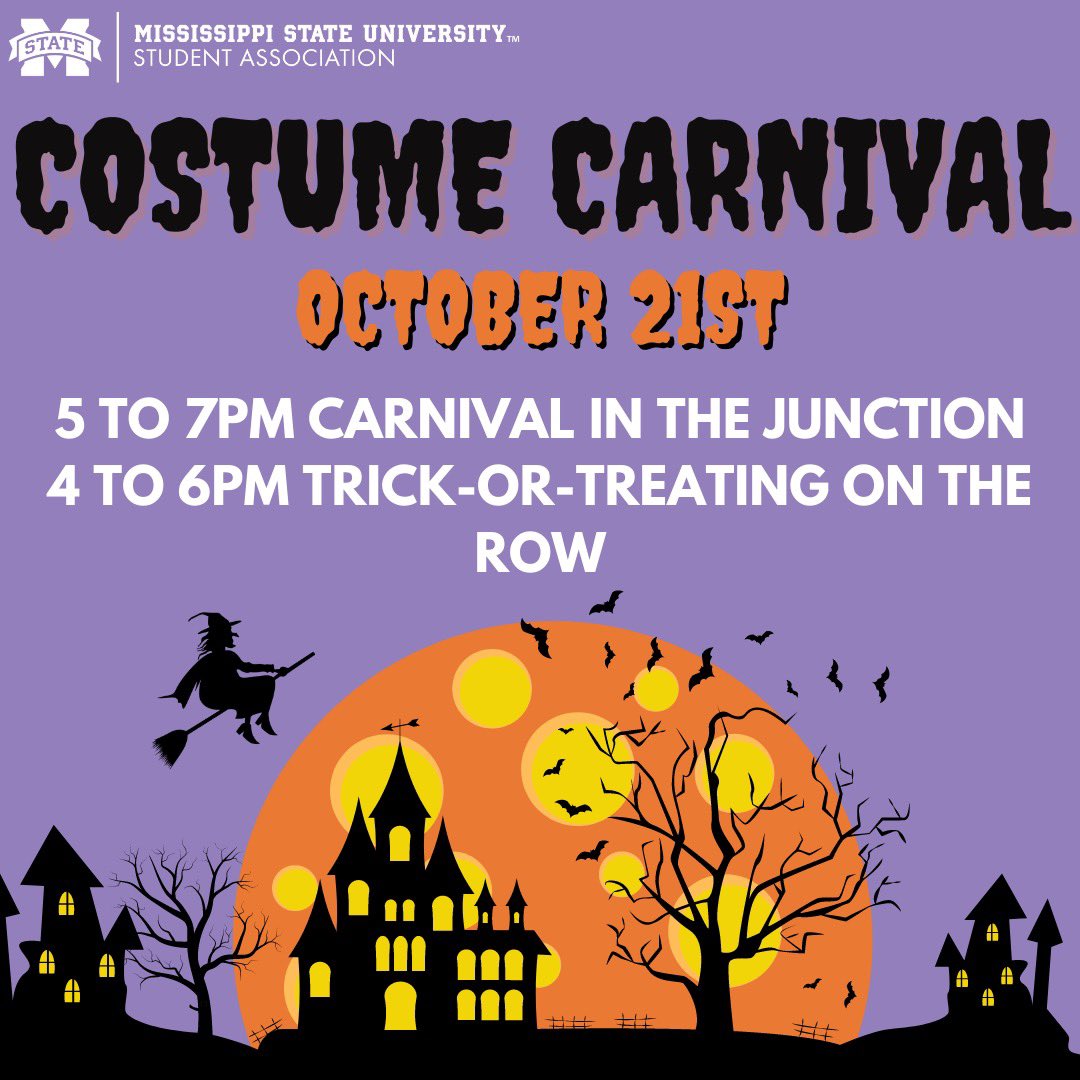 Costume Carnival graphic with black images of haunted houses, a witch on a broomstick and bats flying around a tree