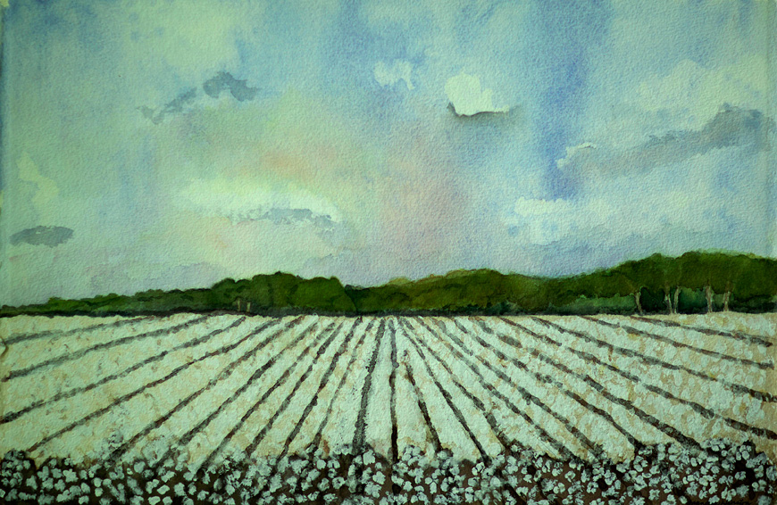 “Cotton Ready for Harvest in the Black Prairie” is among watercolor paintings by Crawford artist Frances Hairston that are on display through July 22 at Mississippi State’s Cullis Wade Depot Art Gallery.
