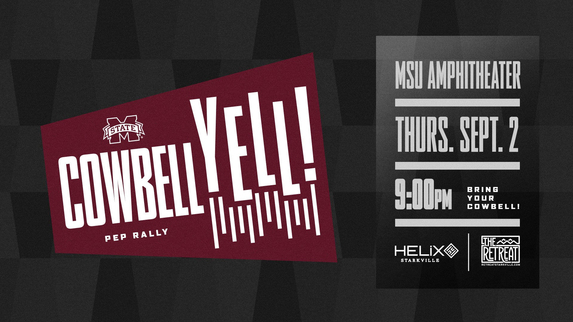 Maroon, white and black graphic promoting MSU's Cowbell Well pep rally, Thursday [Sept. 2], 9 p.m., MSU Amphitheater