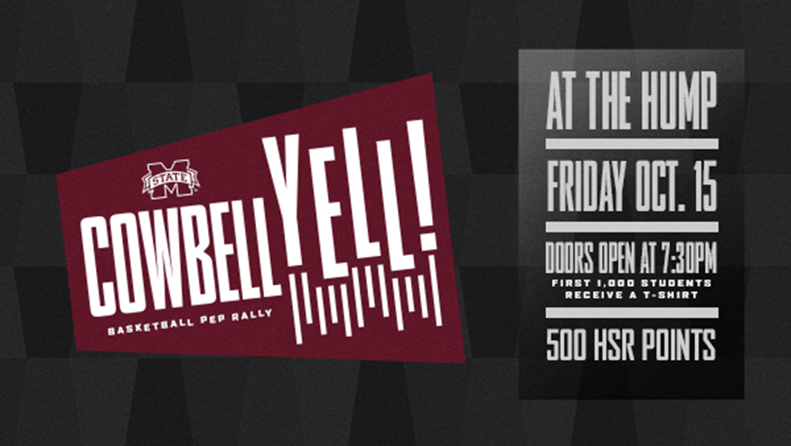Maroon, gray and black graphic announcing Cowbell Yell at The Hump on Oct. 15
