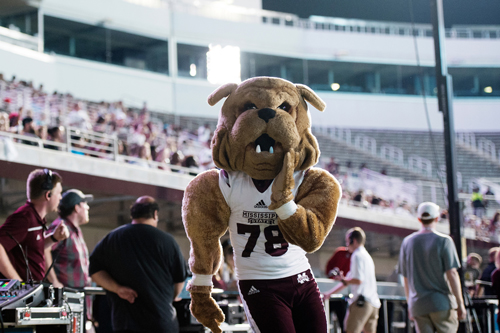 Bully is calling Bulldog fans of all ages to Mississippi State’s eighth annual Cowbell Yell pep rally Thursday [Aug. 30] at Davis Wade Stadium. Sponsored by the MSU Student Association and Department of Athletics, the event features free giveaways and appearances by MSU’s mascot and other members of the Bulldog family. (Photo by Megan Bean)