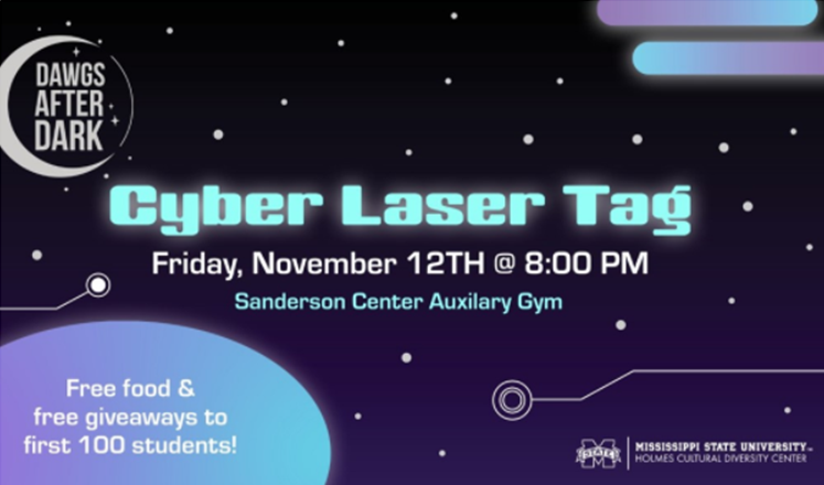Neon blue and purple graphic promoting MSU's Cyber Laser Tag event at the Sanderson Center