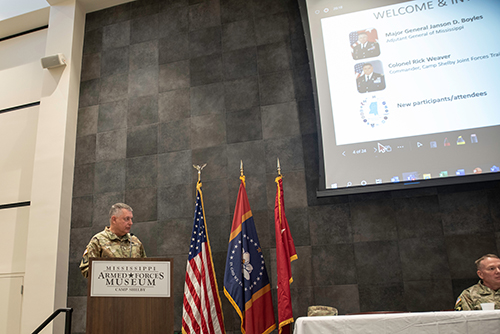 Maj. Gen. Janson Boyles speaks at a podium at the Mississippi Armed Forces Museum
