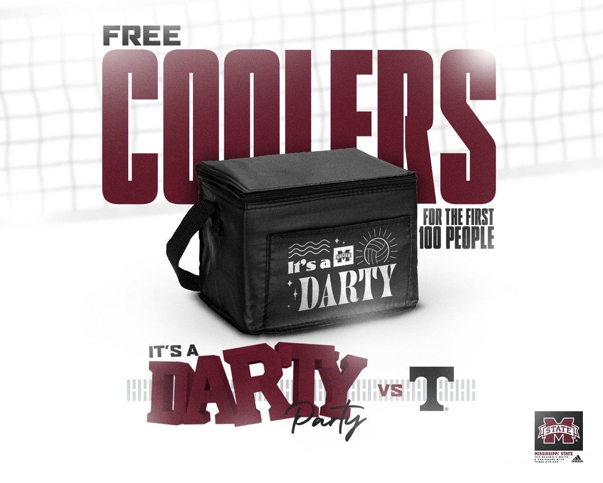 Maroon and white graphic announcing that the first 100 fans at MSU's volleyball match versus Tennessee will receive a free Darty Cooler