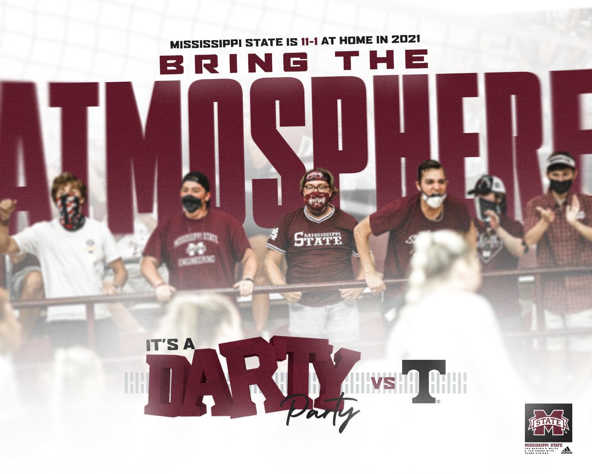 Maroon and white graphic reminding fans to "Bring the Atmosphere" to MSU's volleyball match versus Tennessee