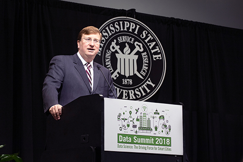 Mississippi Lt. Gov. Tate Reeves discusses the importance of quality data during the 2018 Data Summit, hosted by Mississippi State’s National Strategic Planning and Analysis Research Center (NSPARC) at The Mill at MSU. (Photo by Beth Wynn)
