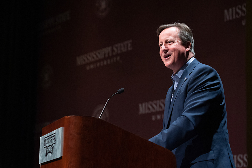 Former UK Prime Minister David Cameron speaks at MSU