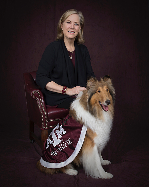 Texas A&M CVM Dean Eleanor Green is pictured with Texas A&M Mascot Reveille IX, commonly referred to as “Miss Rev.” (Submitted photo)