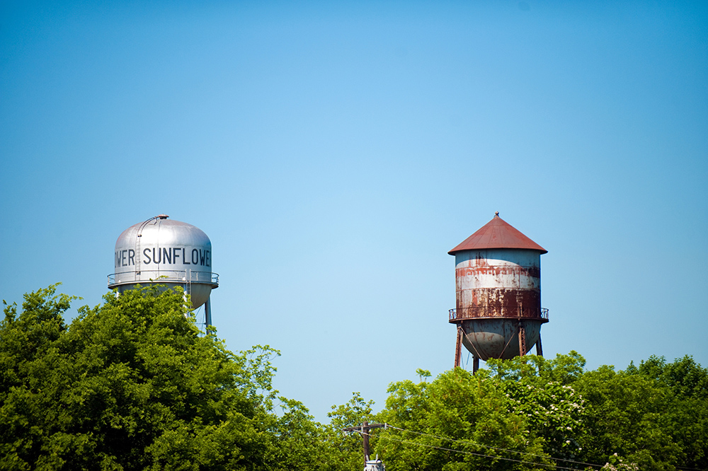 An image of an older and a newer water tower rising above the tree line in the Mississippi Delta