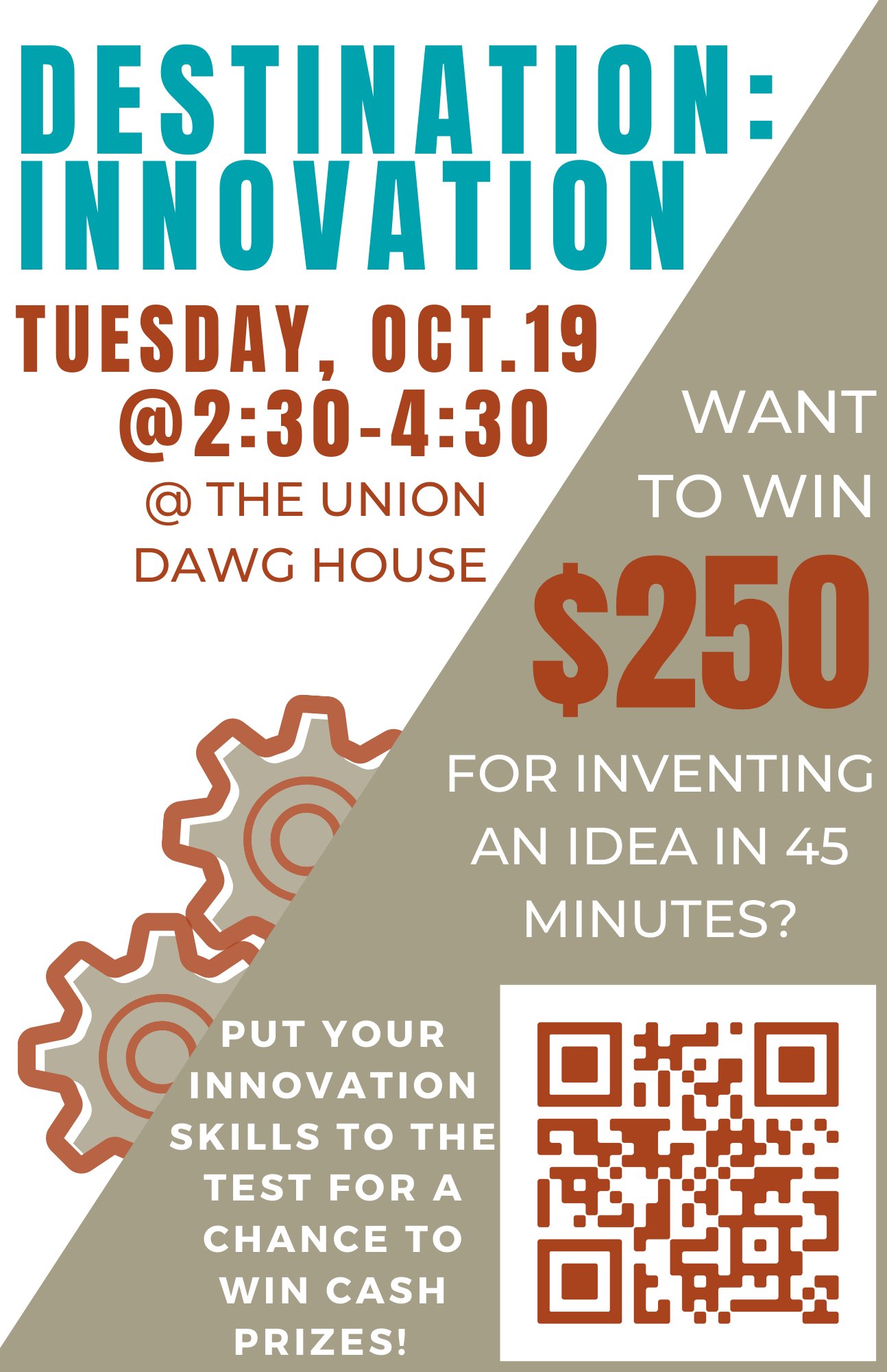 Teal, tan and orange graphic for the MSU Center for Entrepreneurship and Outreach's "Destination: Innovation" Inventor's Challenge