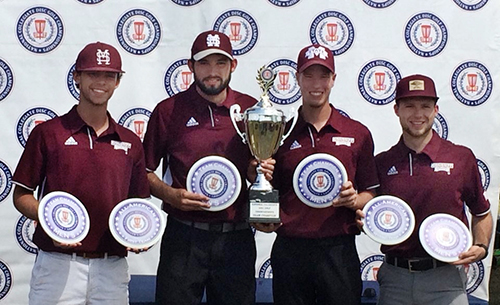 MSU men’s disc golf players show off their national championship trophy. Pictured, from left, are Jacob Henson of Southaven, Steven Hillerman of Madison, Micah Peacock of Jackson and Trevor Strong of Diamondhead. (Submitted photo)