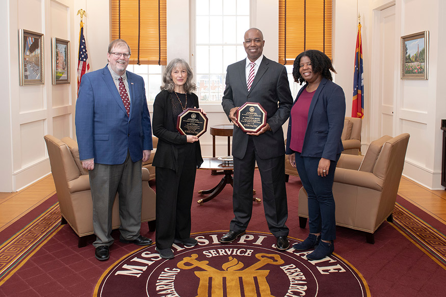 Mississippi State recipients of the 2022 IHL Diversity and Inclusion Awards Rachel Welborn of the Southern Rural Development Center and Christopher Hunter of the School of Architecture (middle) are pictured with MSU Vice President for the Division of Agriculture, Forestry and Veterinary Medicine Keith Coble (left) and Vice President of Access, Diversity and Inclusion Ra’Sheda Boddie-Forbes (right). 
