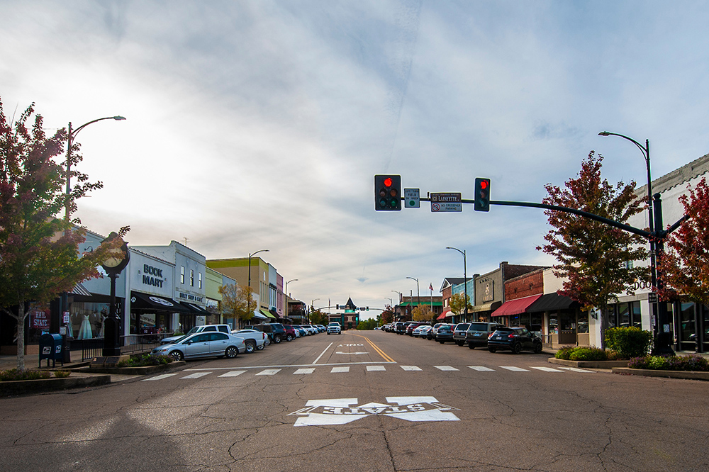 Downtown Starkville, pictured on a clear fall day