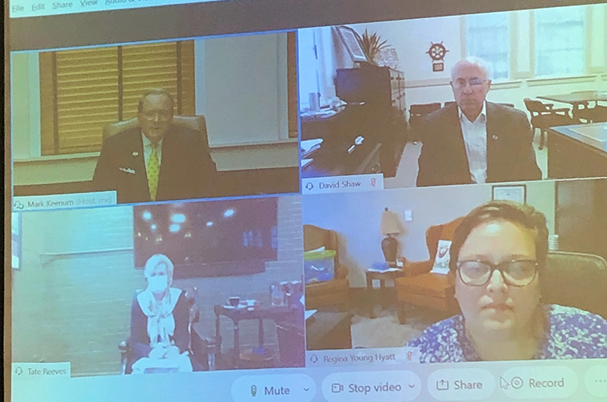 Ambassador Deborah L. Birx speaks with MSU President Mark E. Keenum, Executive Vice President and Provost Dr. David Shaw and Vice President for Student Affairs Dr. Regina Y. Hyatt via Webex