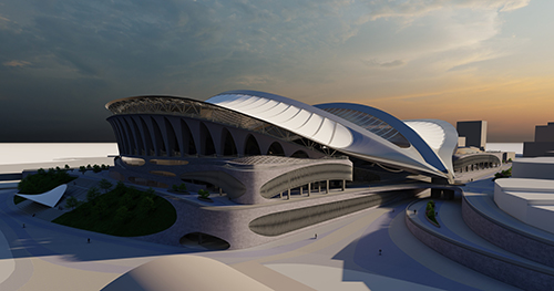 MSU architecture alumnus Duncan Thomas’s computer rendering of the exterior of his proposed professional-sized stadium in Jackson. 