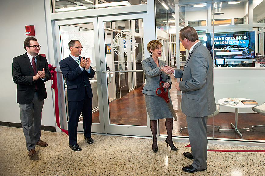 Mississippi State’s College of Business officially dedicated its new Center for Entrepreneurship and Outreach Tuesday [April 19] in McCool Hall. Pictured (l-r) are Eric Hill, director for entrepreneurship at MSU; Jeffrey Rupp, outreach director for the college’s Division of Business Research; Sharon Oswald, dean of MSU’s College of Business; and MSU President Mark E. Keenum. (Photo by Russ Houston)