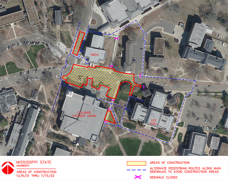 Map showing construction on section of Lee Boulevard between the Colvard Student Union and YMCA Building