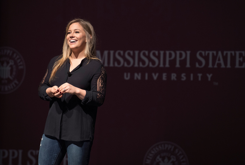 Olympic gymnast and entrepreneur Shawn Johnson East spoke Tuesday [Nov. 1] at Mississippi State University about the importance of hard work and self-confidence in pursuit of one’s passion. (Photo by Beth Wynn) 