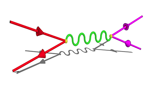Graphic of quarks annihilating (left red lines), producing a photon (green middle line), and producing two muons (right magenta lines). 