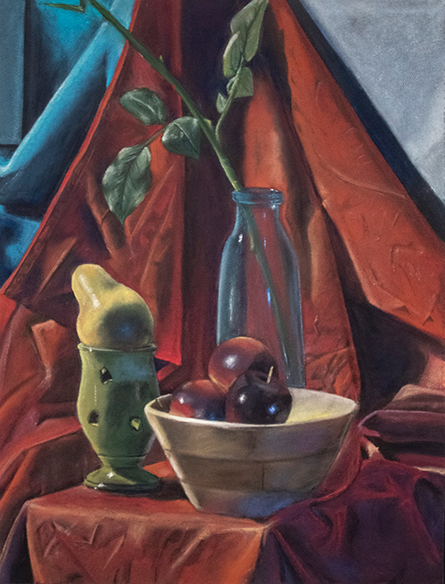 Drawing of a pear in a vase, apples in a bowl and a green plant in a blue glass bottle