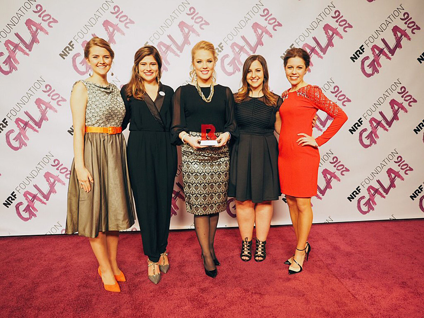 Emma Jumper (center), a senior finance major at Mississippi State, is pictured among four other finalists for the National Retail Federation Foundation’s annual scholarship competition. Jumper, a native of Paragould, Arkansas, took top honors, earning a $25,000 scholarship. (Photo courtesy of the National Retail Federation)