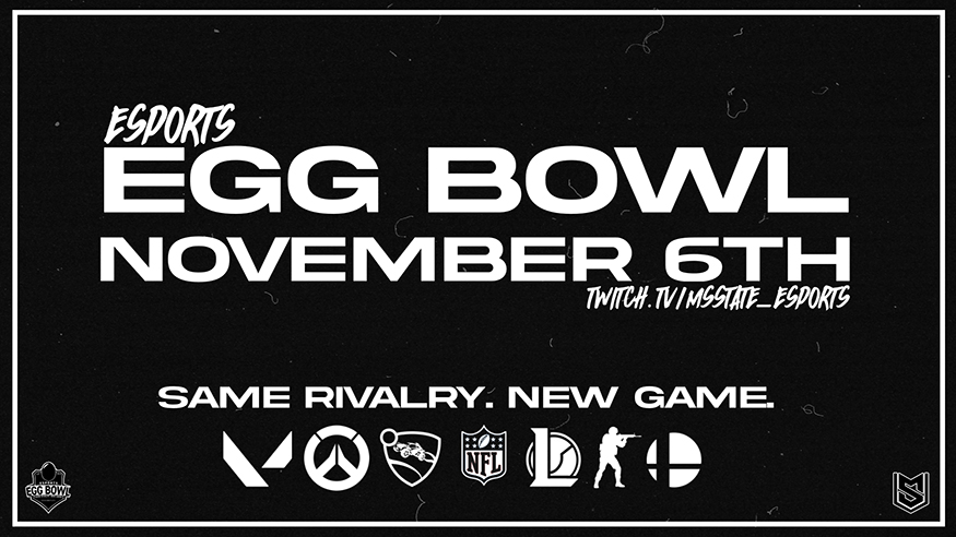 Black and white Esports Egg Bowl graphic promoting the Nov. 6 competition