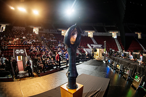 The Esports Egg Bowl Trophy is pictured.