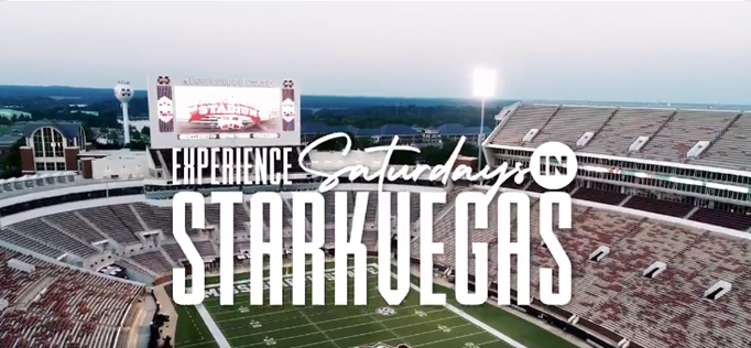 "Experience Saturdays in StarkVegas" graphic with image of Davis Wade Stadium and Scott Field