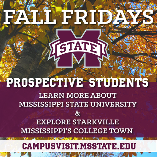 Fall Fridays graphic with maroon and white M-State logo in front of trees with bright yellow leaves