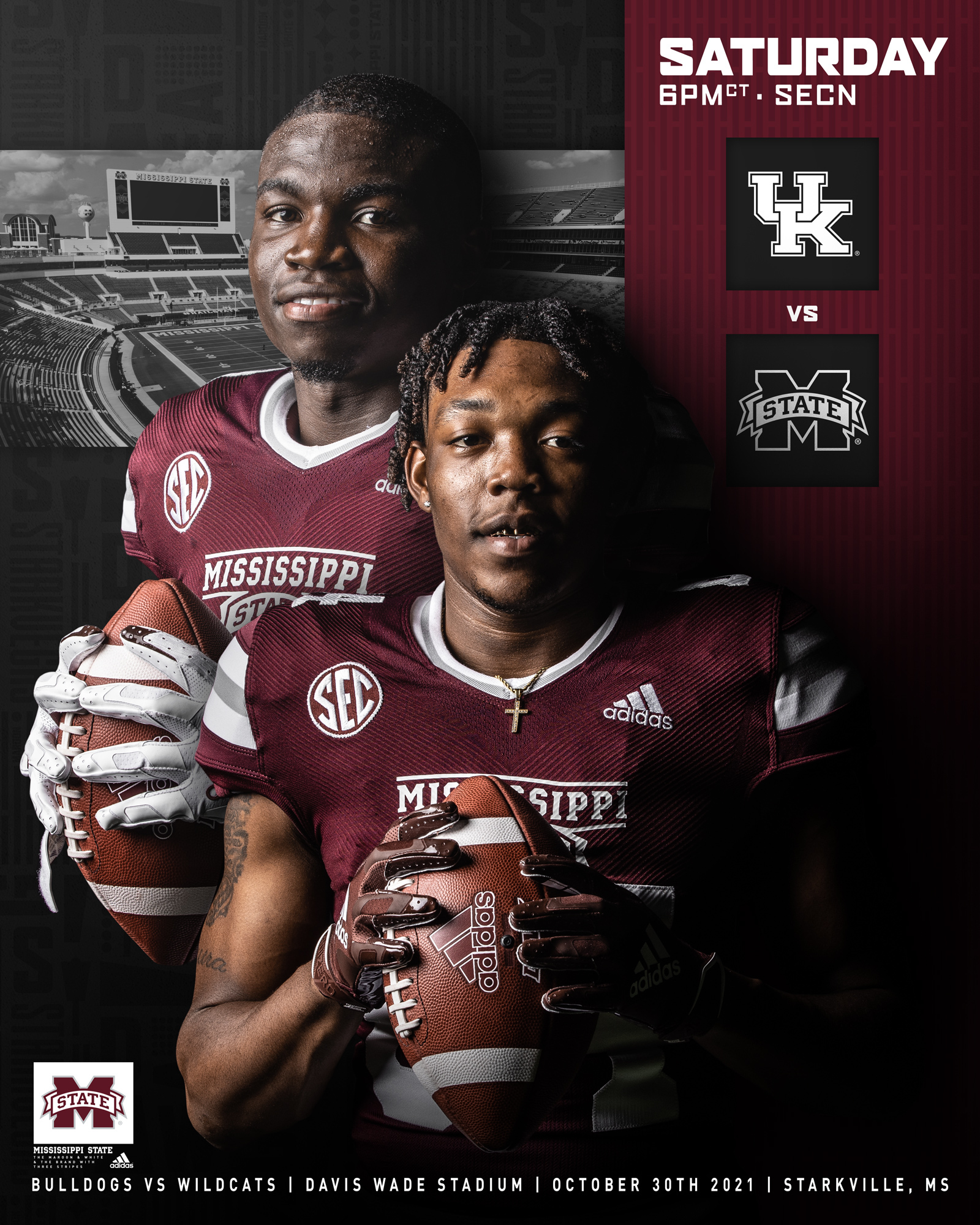 Gameday graphic with images of two MSU football players holding Adidas footballs