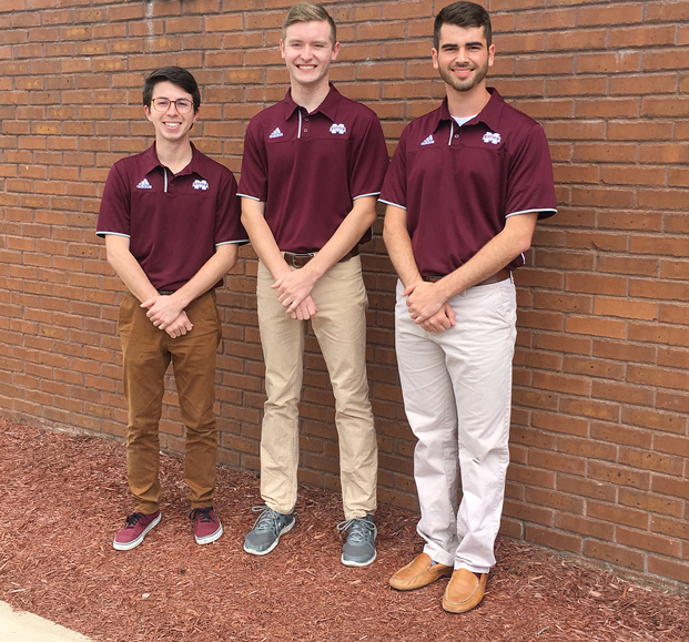 Drum majors for Mississippi State’s 2017-18 Famous Maroon Band include, from left to right, Jacob Baker of Vinemont, Alabama; Jacob Lanier of Marietta, Georgia; and Reece Paulk of McComb. The three students were among 27 who participated in a challenging audition and interview process earlier this spring. (Submitted photo/courtesy of Craig Aarhus)