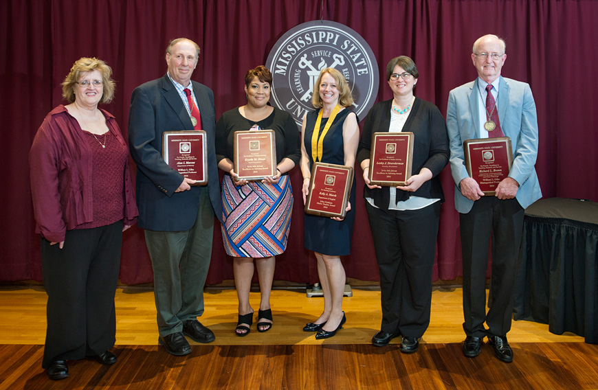 MSU 2015-16 faculty award honorees include (second from left to right) Alan I. Marcus, Krystle M. Dixon, Kelly A. Marsh, Lesley J. Strawderman and Richard L. Brown. Presentation were made by Julia Hodges (at left), interim provost and executive vice president. (Photo by Megan Bean)