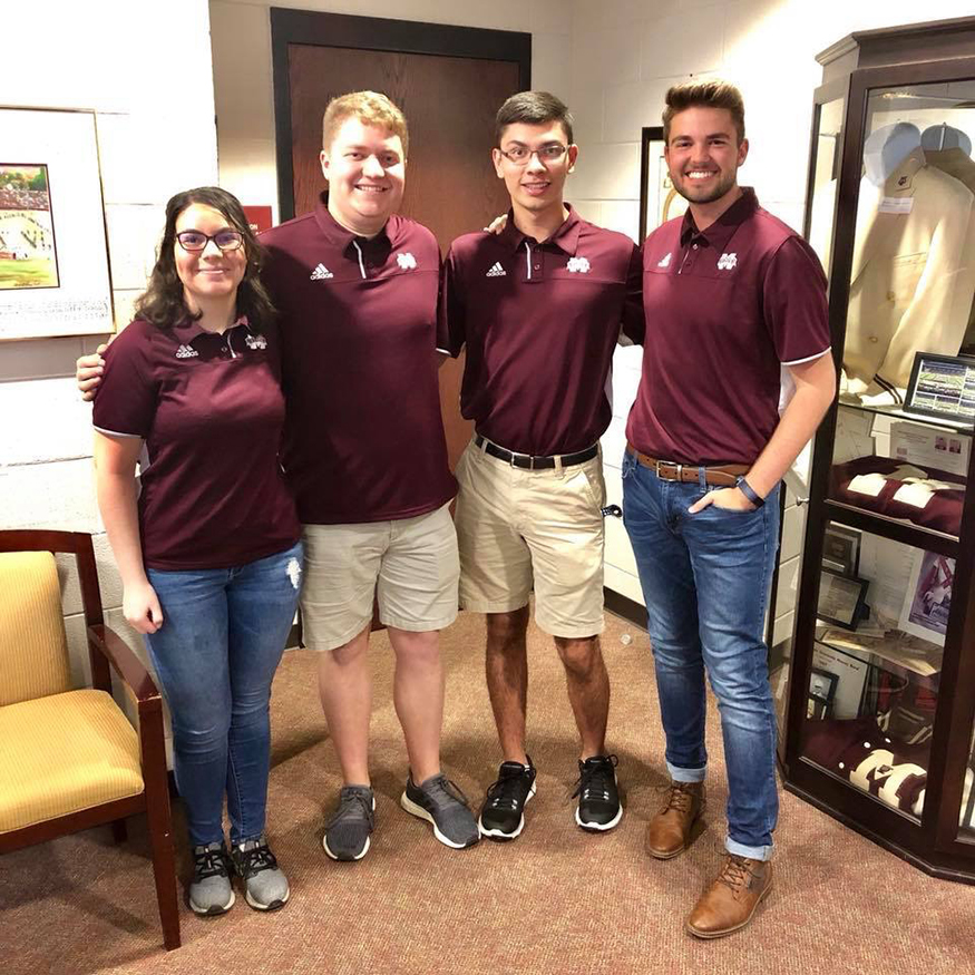 Drum majors for Mississippi State’s 2019-20 Famous Maroon Band include, from left to right, Brooke Balla of Huntsville, Alabama; Will Frye of Ocean Springs; Hunter Harris of Graniteville, South Carolina; and Trevor Wasden of Helena, Alabama, who is serving as head drum major. (Submitted photo/courtesy of Craig Aarhus)
