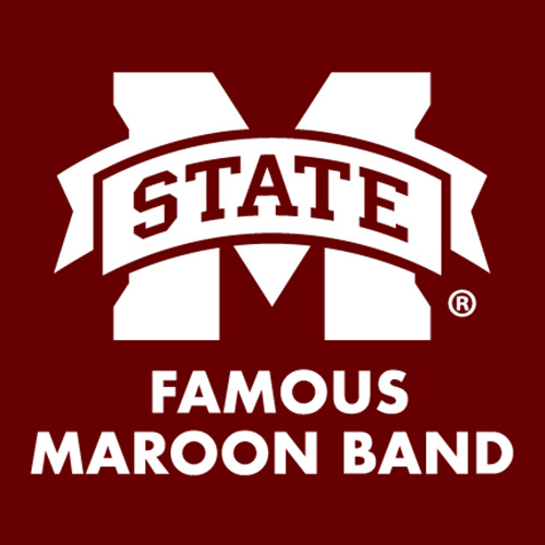 Logo featuring white "M State" and "Famous Maroon Band" on a maroon background