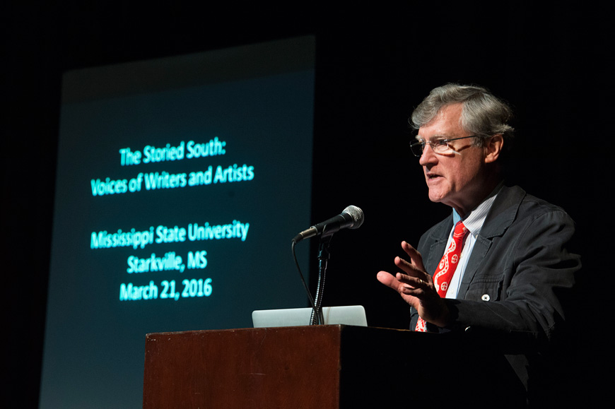 Mississippi State’s 2016 Scholar-in-Residence William R. “Bill” Ferris emphasized the importance of stories and those who tell them during his Monday [March 21] presentation in the university’s McComas Hall auditorium. “Anywhere you go in Mississippi, at any moment, people are telling stories. All you have to do is listen,” the Vicksburg native said. “Stories are the driving force behind who we are, and they are our deepest identity.” (Photo by Megan Bean)