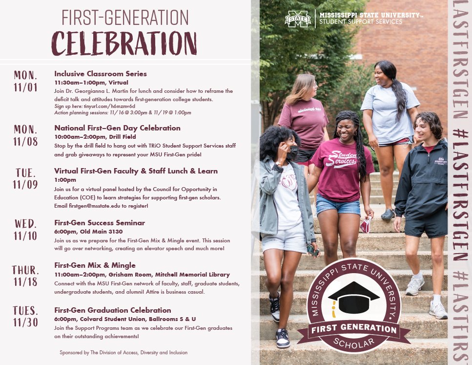 Maroon graphic with a list of events for MSU's First-Generation Celebration
