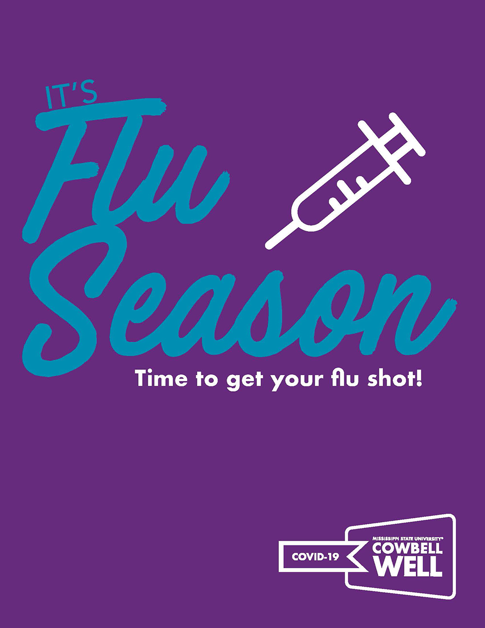 Purple graphic and blue lettering with a message reminding MSU students, faculty and staff of flu season and the availability of flu shots