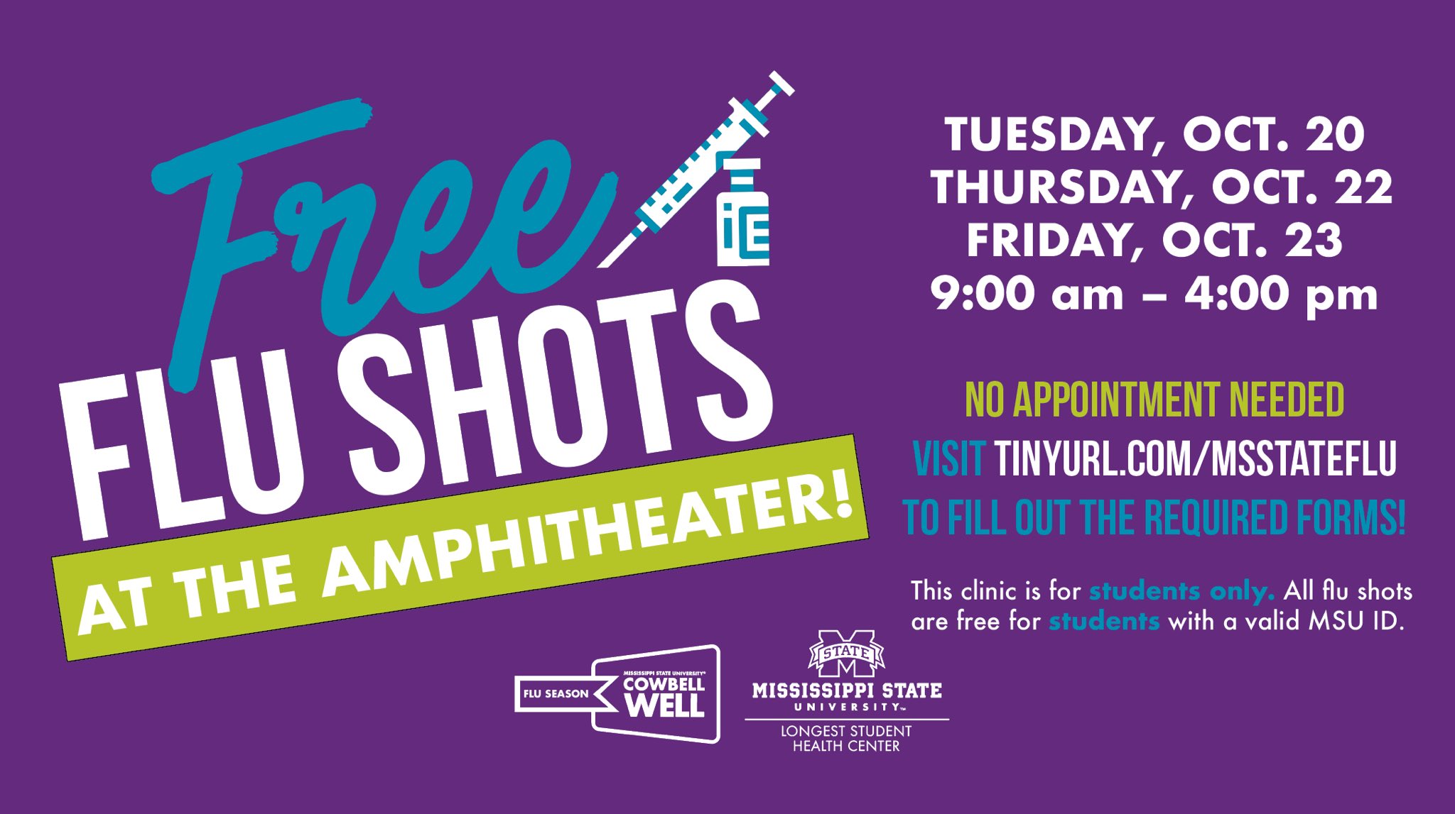 Blue and purple graphic promoting free flu shot clinics for MSU students