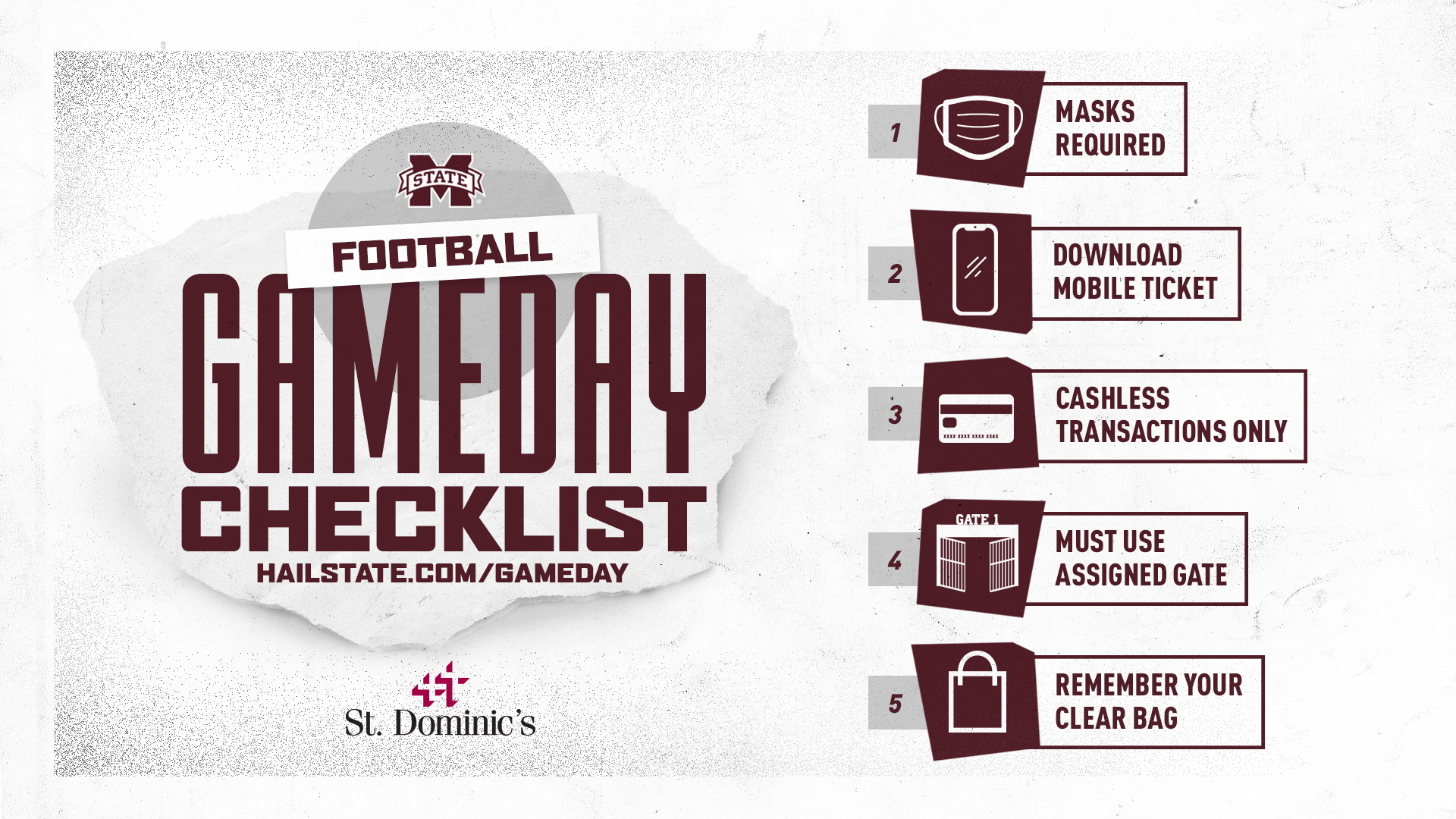 Maroon, white and gray graphic reminding MSU football fans about face masks, mobile tickets, cashless transactions, gate entry and clear bag policy