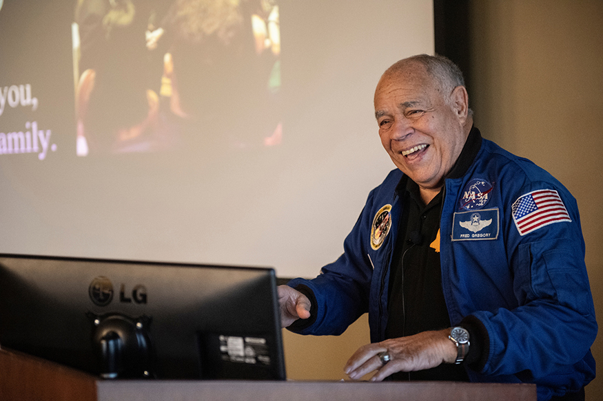 Retired NASA astronaut Fred Gregory speaks to MSU students and others in the Griffis Hall Forum Room.
