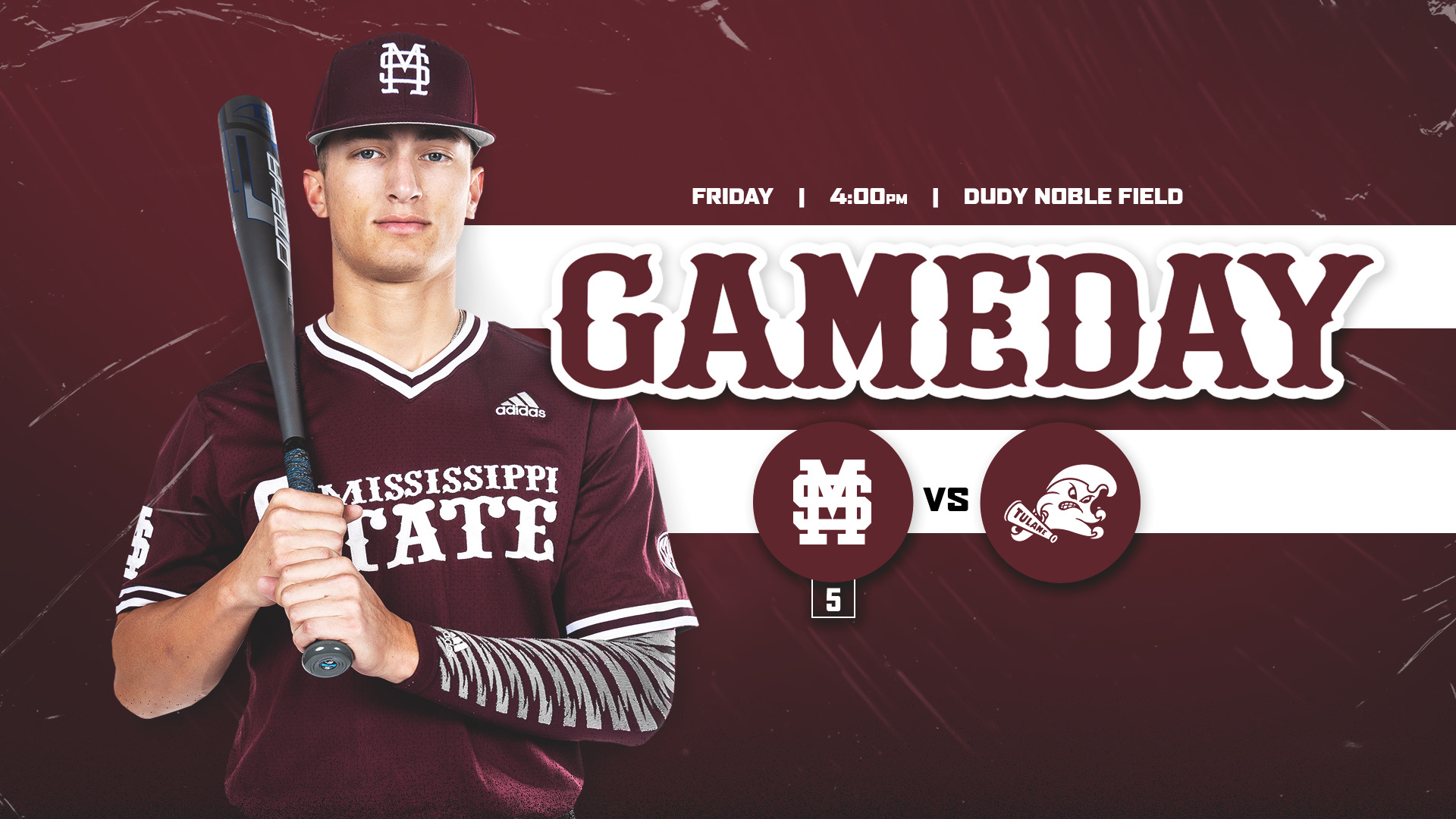 Gameday graphic with MSU baseball player Kamren James holding a bat