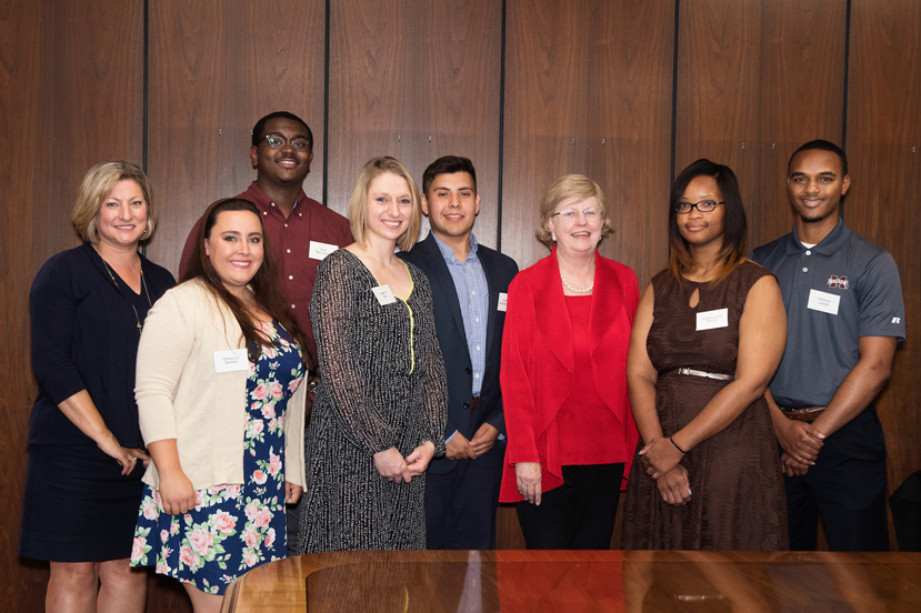 MSU recognized its Gates Millennium Scholars and NSF Graduate Research Fellowship Program Fellows on Wednesday [April 12]. Pictured, from left to right, are MSU Graduate School Dean Lori Bruce, NSF Fellow Danielle Grimes, Gates Millennium Scholar Eric Matthews, NSF Fellow Amber Kay, Gates Millennium Scholar Juan Rodriguez, MSU Provost and Executive Vice President Judy Bonner, Gates Millennium Scholar Sharniquica Stiles and NSF Fellow Derrick Jones. Not pictured are Gates Millennium Scholars Shelby Jones, Malcolm Robinson and Steven Romero. (Photo by Beth Wynn)