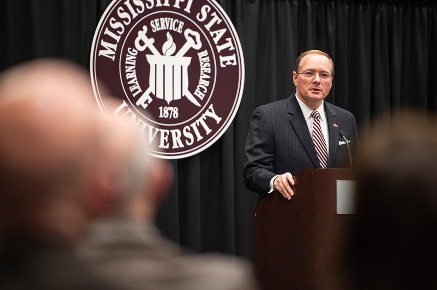 MSU President Mark E. Keenum discusses the university’s many recent accomplishments during the spring general faculty meeting on Tuesday [Feb. 19]. (Photo by Logan Kirkland) 