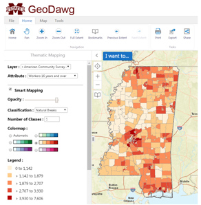 GeoDawg can be accessed by clicking on the image above. The new web application gives Mississippians the ability to easily use the capabilities of a powerful geographic information system (GIS) in a user-friendly format.