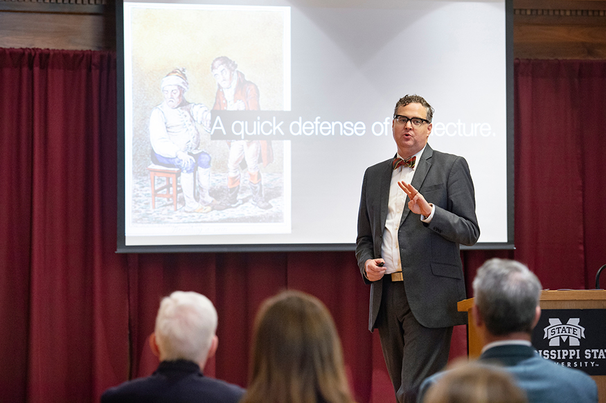 During his first formal lecture as a John Grisham Master Teacher on Thursday [Oct. 19], Mississippi State Associate Professor of History Jim Giesen said an active learning environment depends on well-trained lecturers who engage students through their senses. (Photo by Megan Bean)