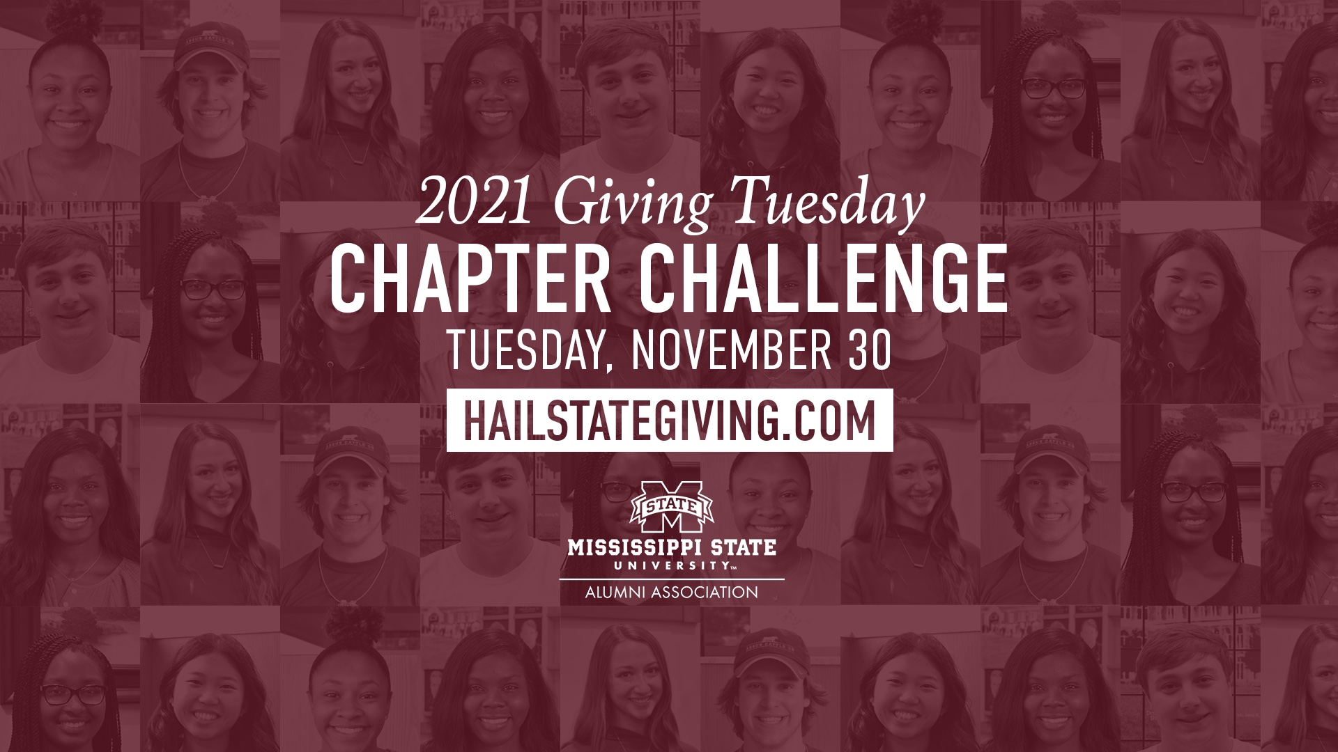 Maroon and white "Giving Tuesday Chapter Challenge" with photos of MSU students in a grid format