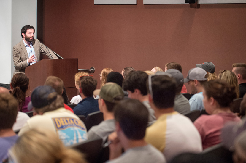 Robin Simcox, Margaret Thatcher Fellow at The Heritage Foundation, speaks to students at Mississippi State University as part of the International Institute’s Global Engagement Forum. (Photo by Megan Bean)