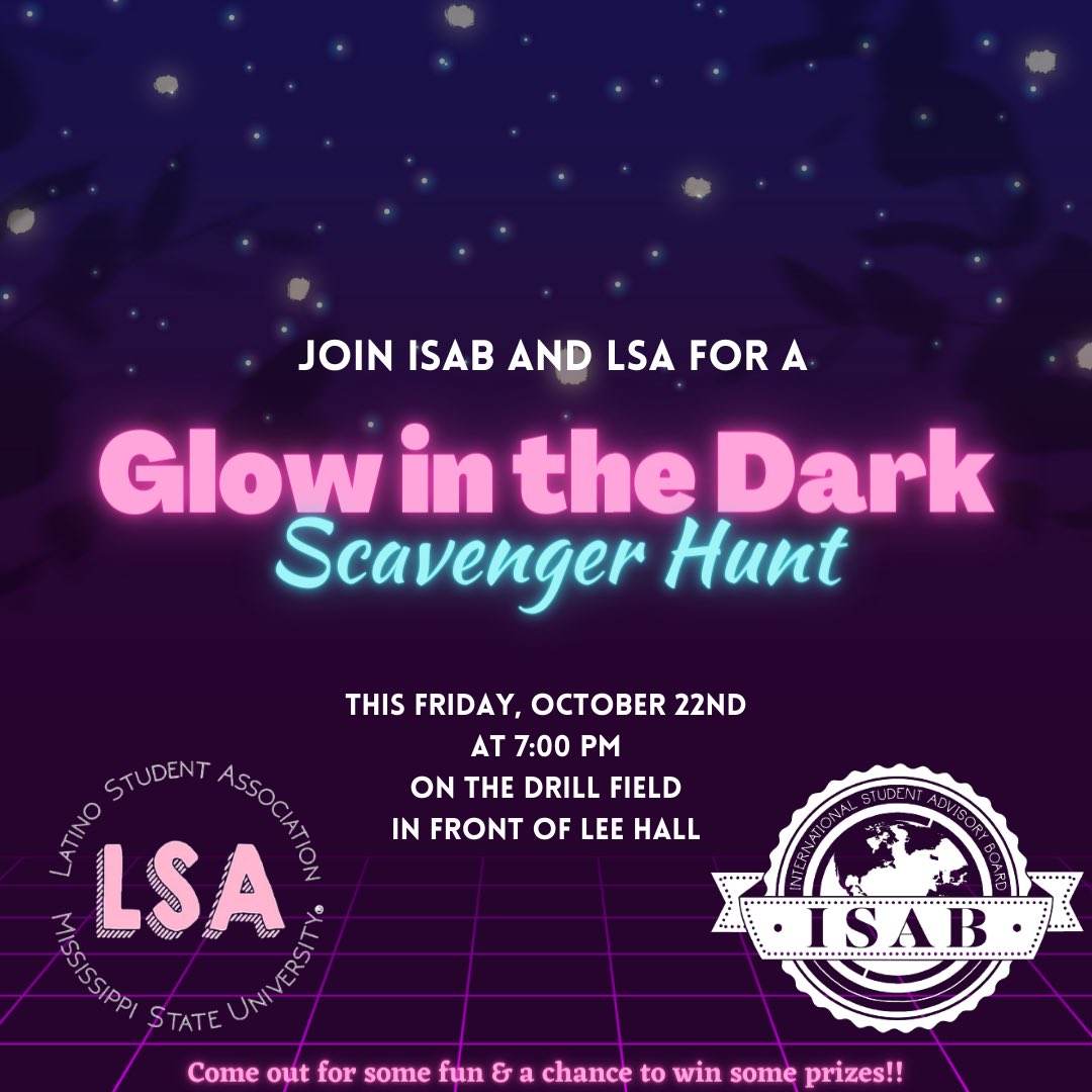 Glow in the Dark Scavenger Hunt graphic with neon pink and aqua lettering
