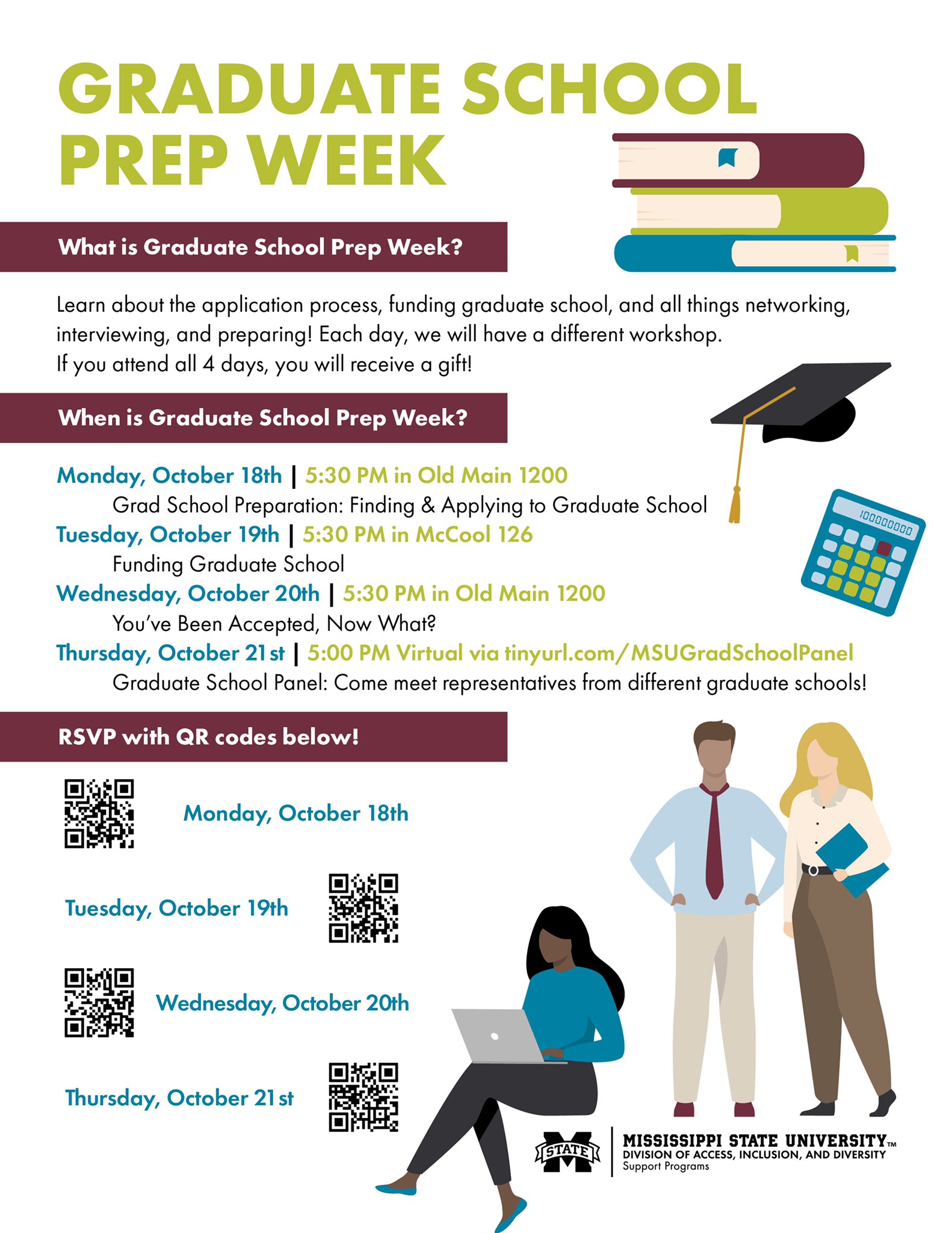 Graduate School Prep Week graphic with images of books, a graduation cap, a calculator and three people