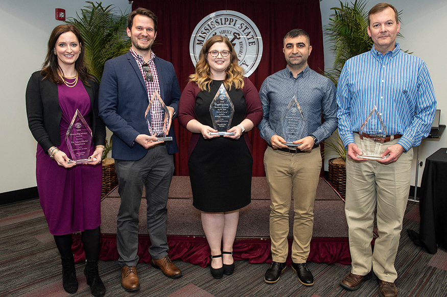 Laura Marler Templeton, Tyler Hancock, Ashley Aderholt, Ismail Yigit and Russell Carr were among faculty and students recognized during MSU’s recent 17th annual Graduate Student Association Awards Banquet. (Photo by Logan Kirkland)